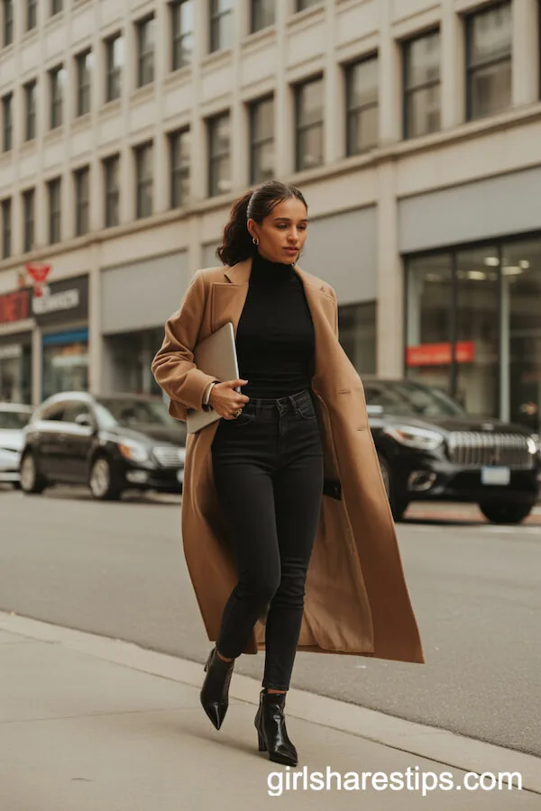 Fitted Black Pants with Camel Coat and Turtleneck