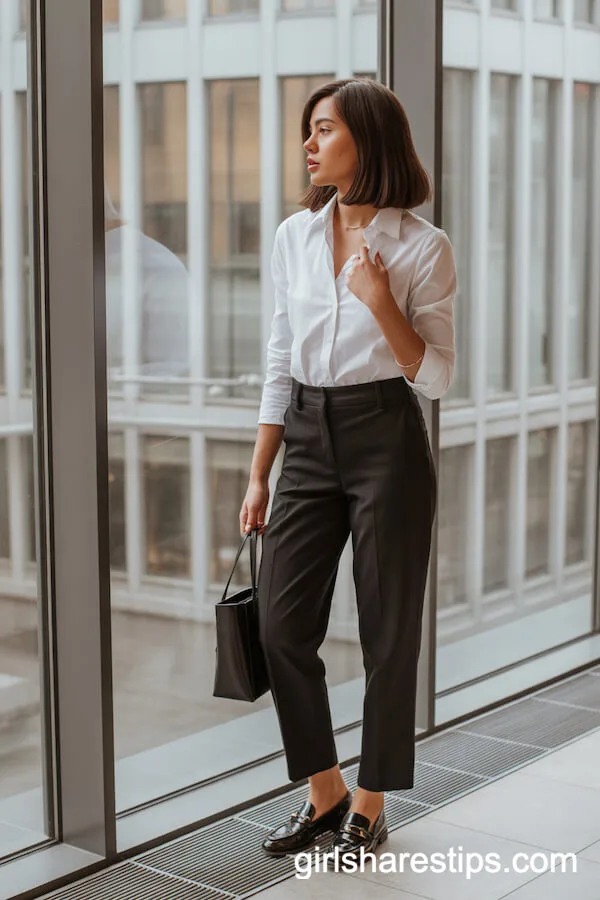 Classic Tailored Black Trousers with a Crisp White Shirt and Black Loafers