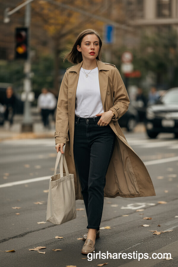 Slim Black Chinos with a White Tee and Classic Beige Trench Coat