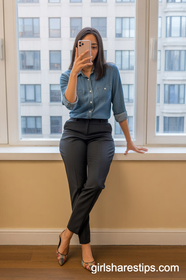 Fitted Black Trousers with a Chambray Denim Shirt and Colorful Pointed Flats