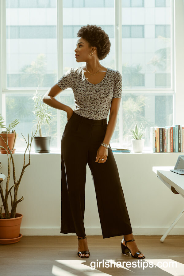 Flowy Black Palazzo Pants with a Retro Print Fitted Top and Elegant Sandals