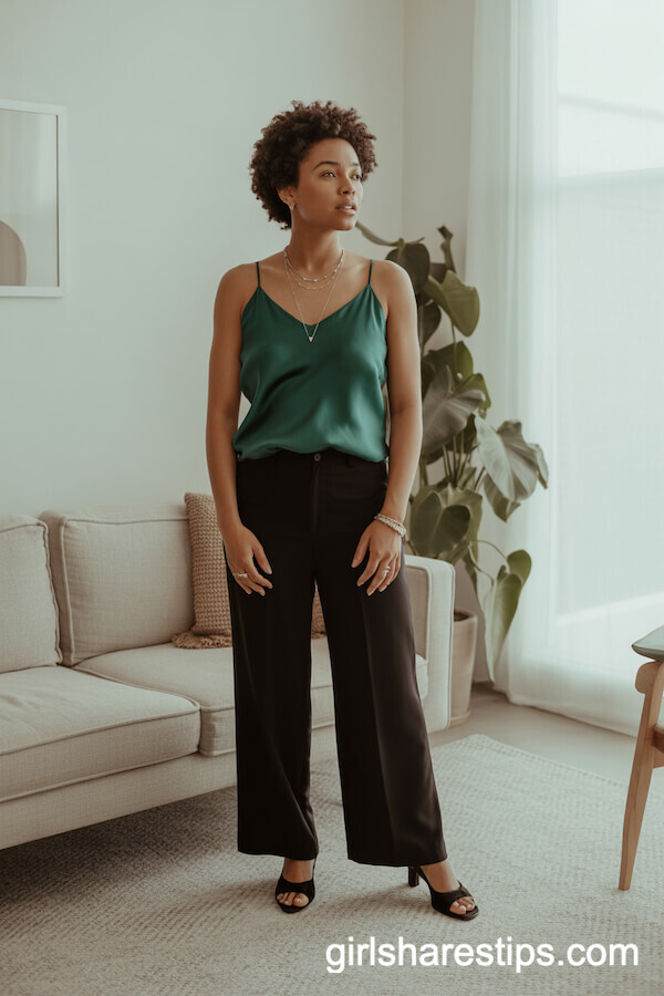 Black Wide-Leg Pants with a Tucked-In Emerald Silk Camisole and Kitten Heels