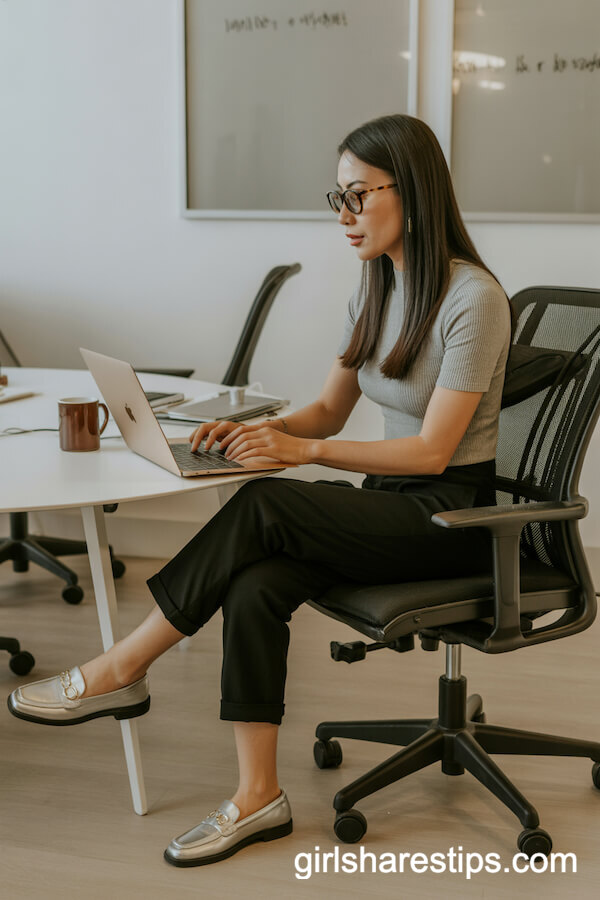 Black Tapered Ankle Pants with a Short Sleeve Ribbed Knit Top and Loafers