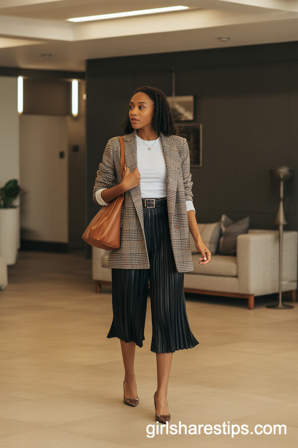 Pleated Black Culottes with a White Tee, Belted Plaid Blazer, and Heels