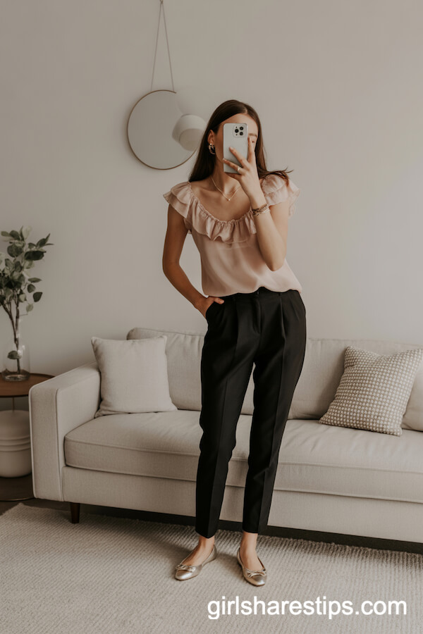Slim Black Trousers with a Blush Ruffle Blouse and Ballet Flats