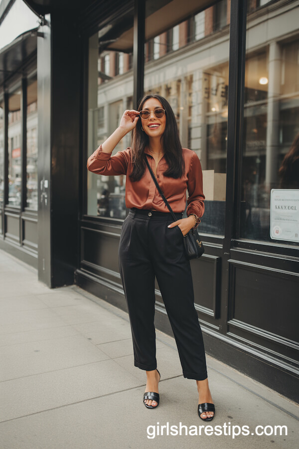 High-Waisted Black Tailored Pants with a Rust Silky Blouse and Open-Toe Sandals