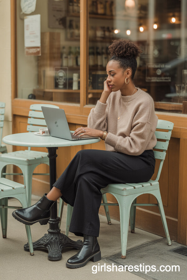 High-Waisted Black Culotte Pants with a Soft Beige Knit Sweater