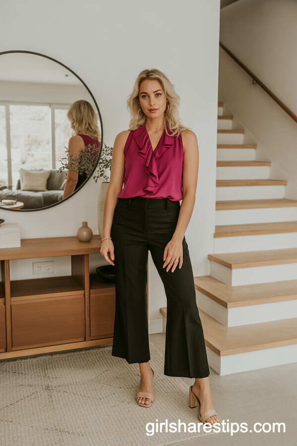 Black Wide-Leg Cropped Pants with a Sleeveless Magenta Ruffle Blouse