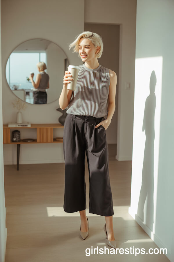 Black Cropped Pleated Pants with a Grey Sleeveless Pleated Blouse and Beige Pumps