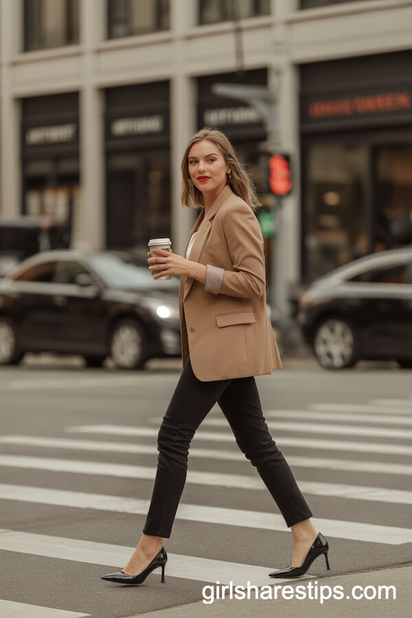 Slim Black Cigarette Pants with a Tailored Camel Blazer and Pointed Toe Heels