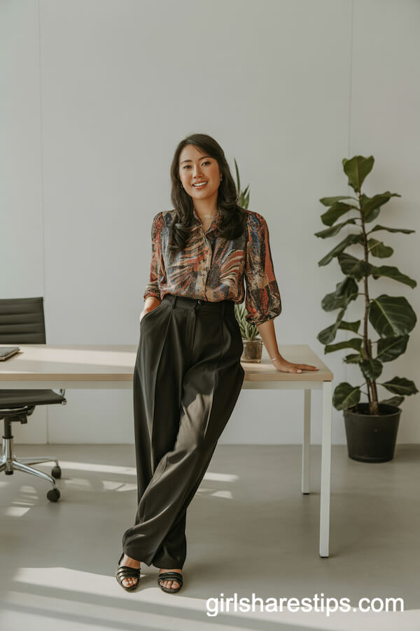 High-Waisted Black Wide-Leg Pants with a Colorful Patterned Blouse