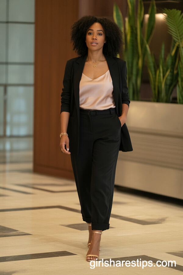 Black Pantsuit with a Silk Blush Pink Cami and Strappy Heels