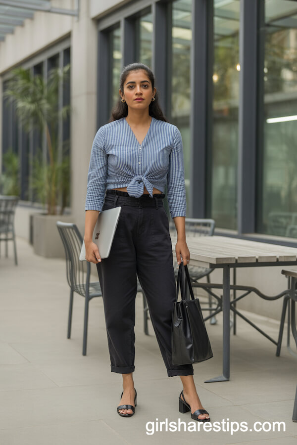 Black Paperbag Waist Pants with a Tucked-In Striped Blouse and Low Block Heels