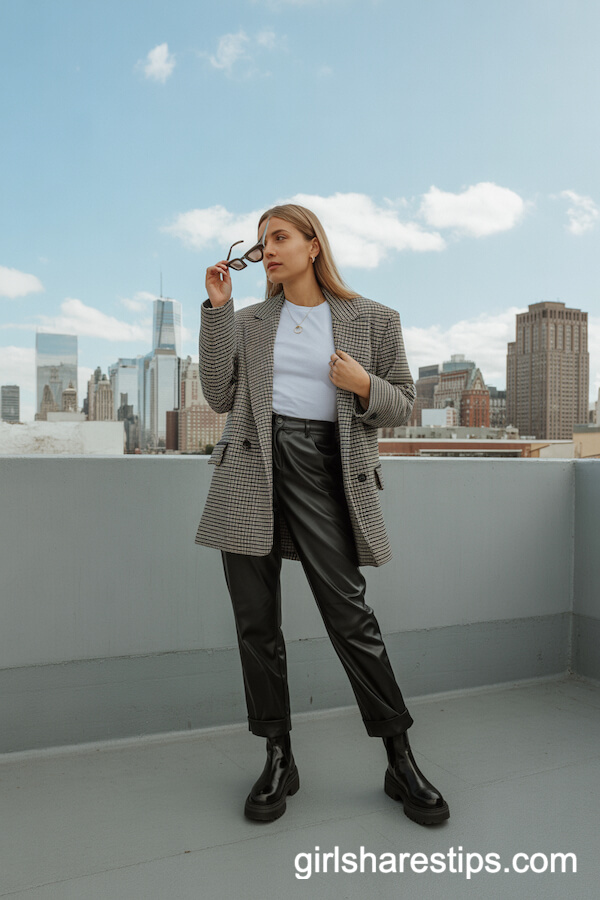 Faux Leather Black Pants with a White Tee and Oversized Plaid Blazer