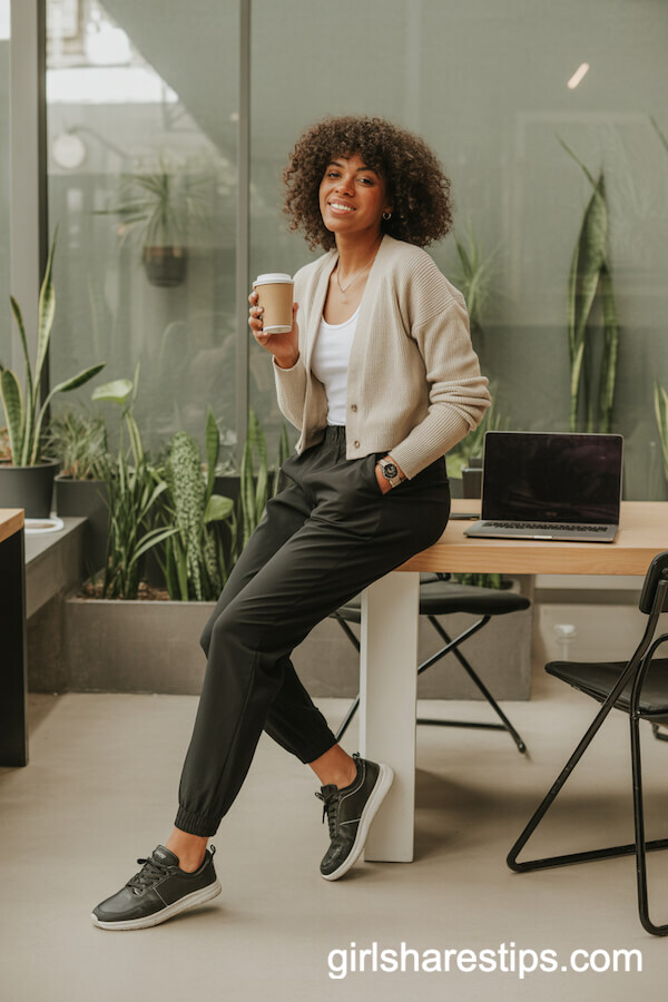 Slim Black Jogger Trousers with a Fitted Cream Cardigan and Sneakers