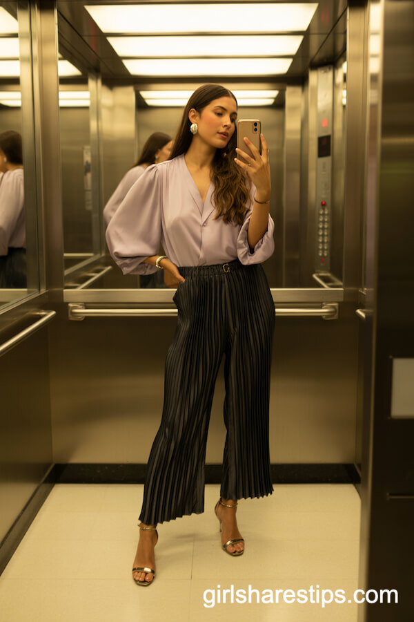Pleated Tailored Black Pants with a Pastel Lavender Blouse and Ankle-Strap Heels
