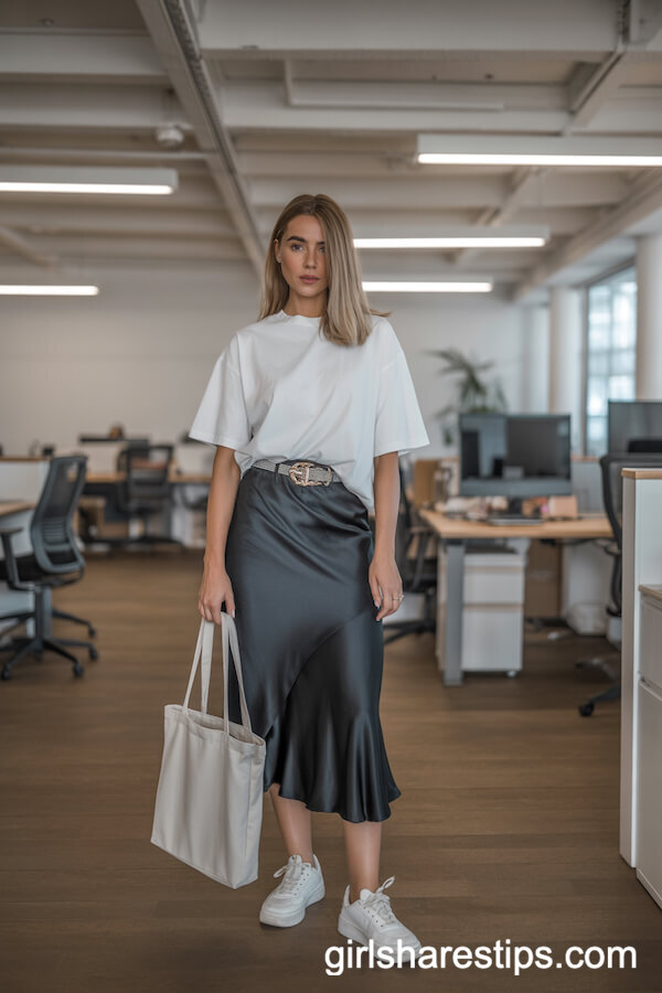 Oversized White Tee and Statement Belt with Black Satin Skirt