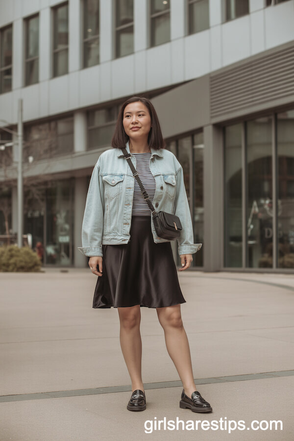 Light Denim Jacket and Striped Top with Black Satin Skirt
