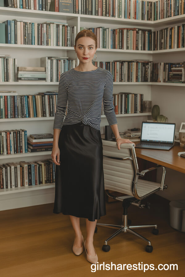 Navy-and-White Striped Top with Black Satin Skirt