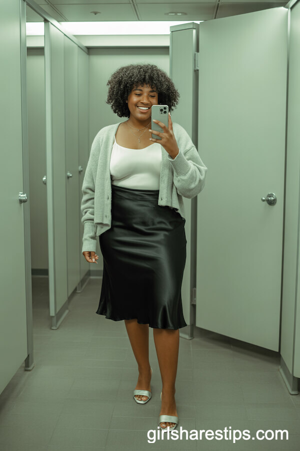 White Cami and Gray Cardigan with Black Satin Skirt
