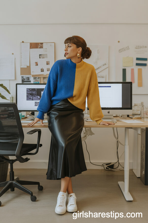 Bold-Colored Knit Sweater with Black Satin Skirt