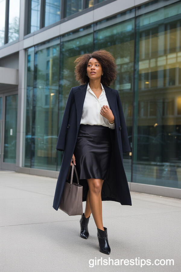 Navy Wool Coat and White Blouse with Black Satin Skirt