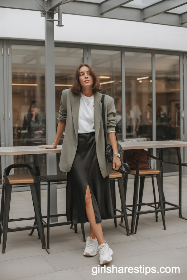 Plain White Tee Oversized Blazer Black Satin Skirt