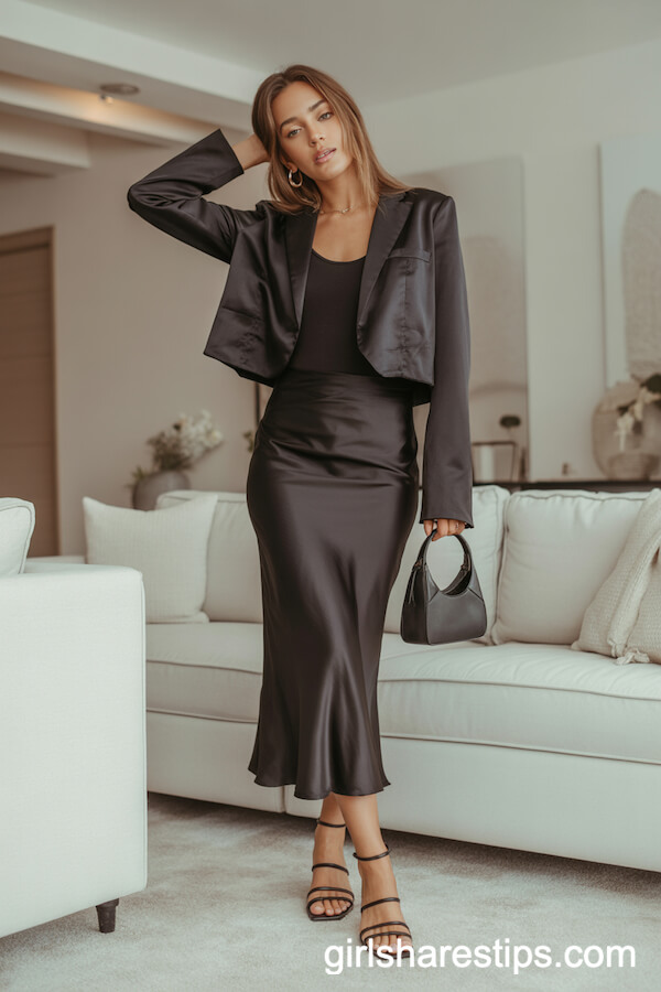 Black Cropped Blazer and Bodysuit with Black Satin Skirt