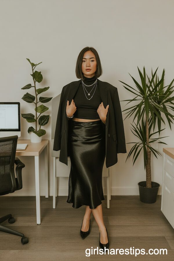 Black Turtleneck and Blazer with Black Satin Skirt