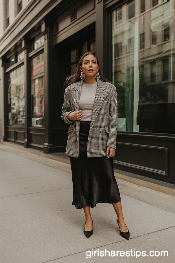 Light Tee and Plaid Blazer with Black Satin Skirt