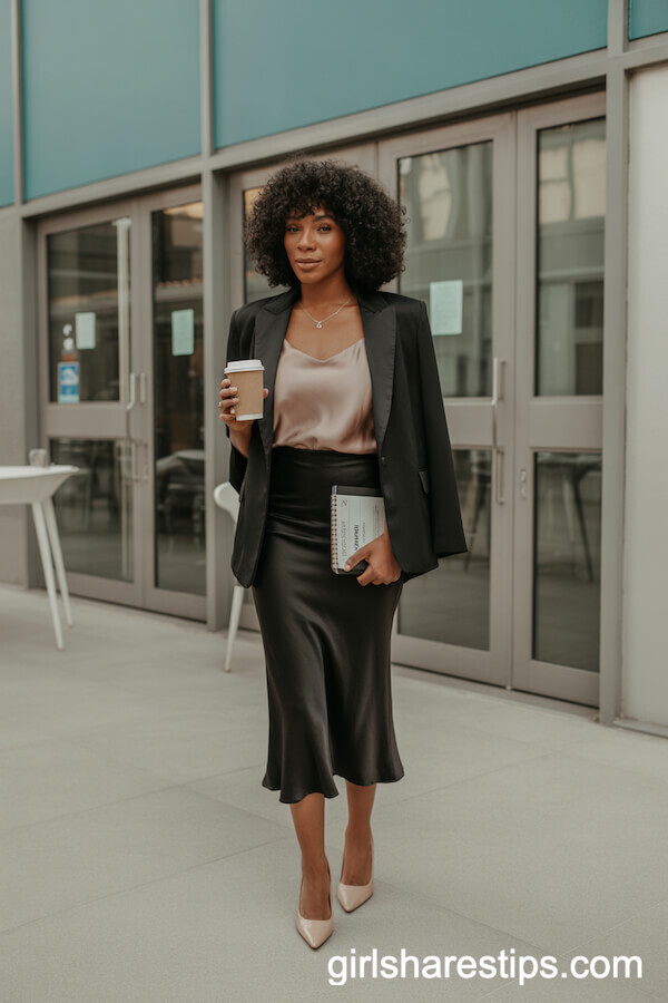 Matching Satin Blazer and Silky Camisole with Black Satin Skirt
