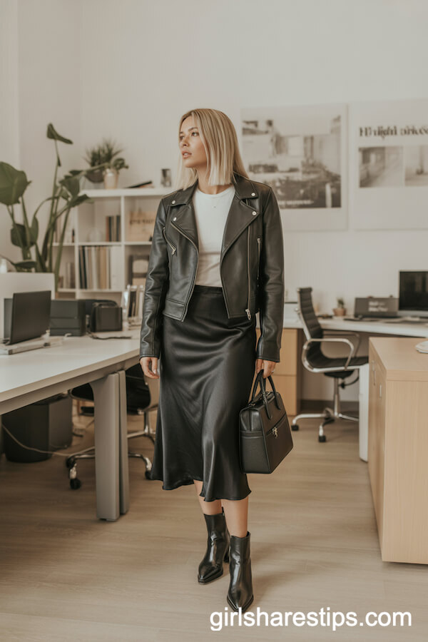 Fitted Moto Jacket and White Tee with Black Satin Skirt
