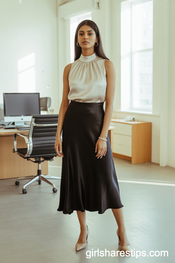 Ivory Mock-Neck Top and Nude Heels with Black Satin Skirt