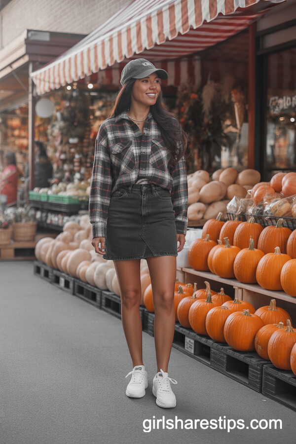 Denim Skirt with Plaid Flannel