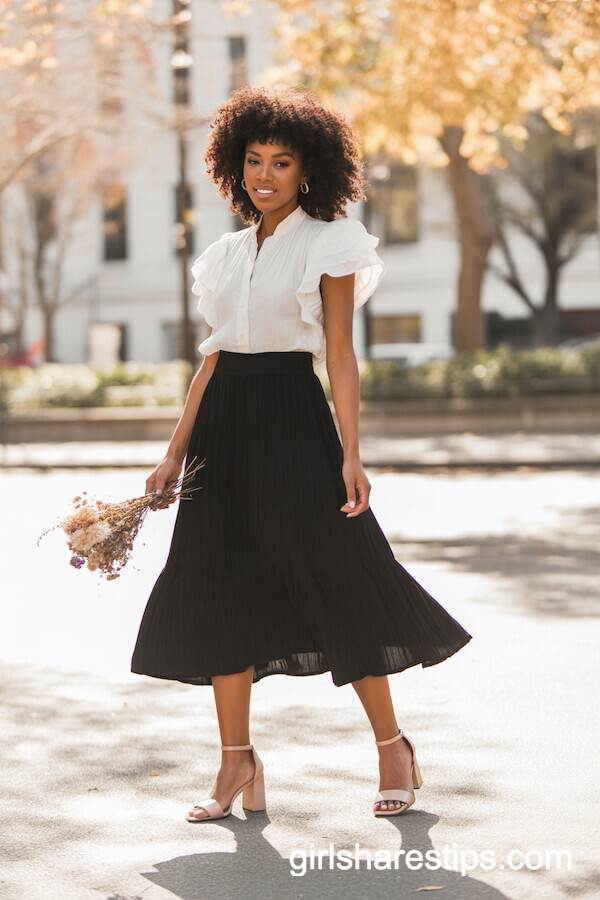 Flowy Midi Skirt with Ruffled Blouse
