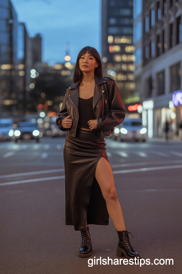 Sleek Black Skirt with Moto Jacket