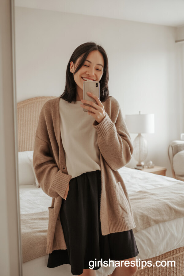 Black Skirt with Beige Cardigan