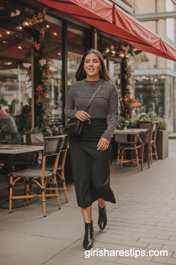 Straight Midi Skirt with Striped Shirt