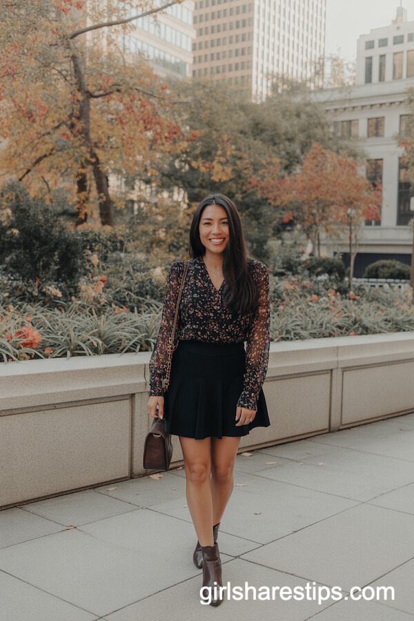 Black Skirt with Floral Blouse