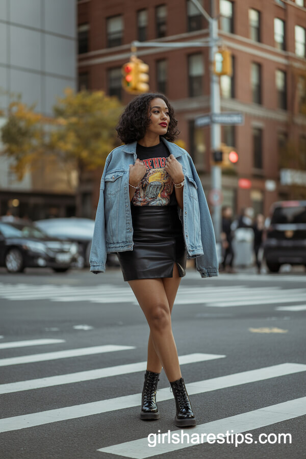 Leather Skirt with Graphic Tee