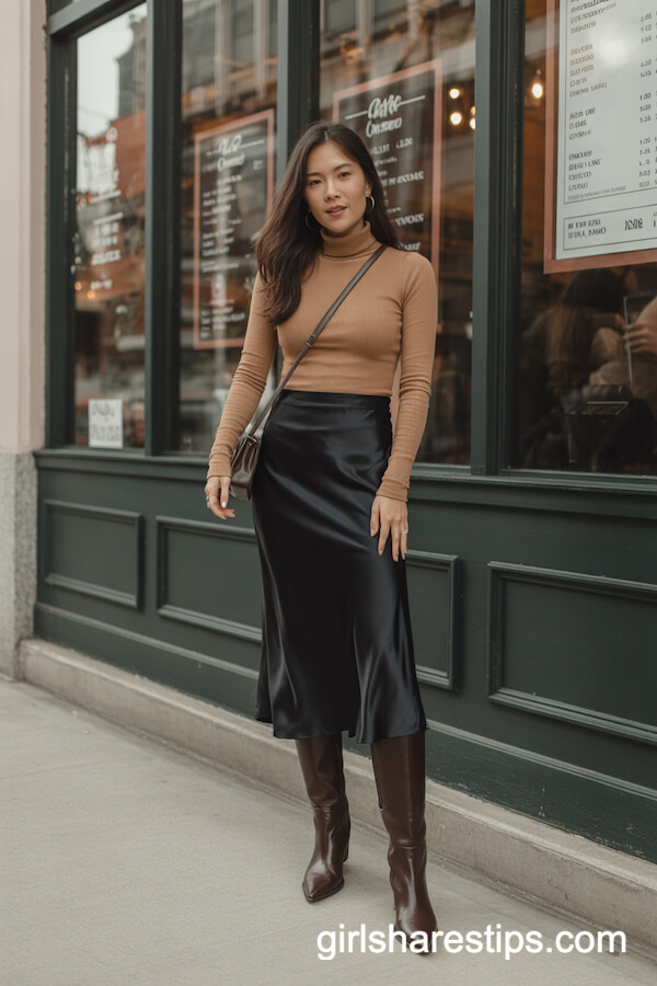 Satin Slip Skirt with Camel Turtleneck