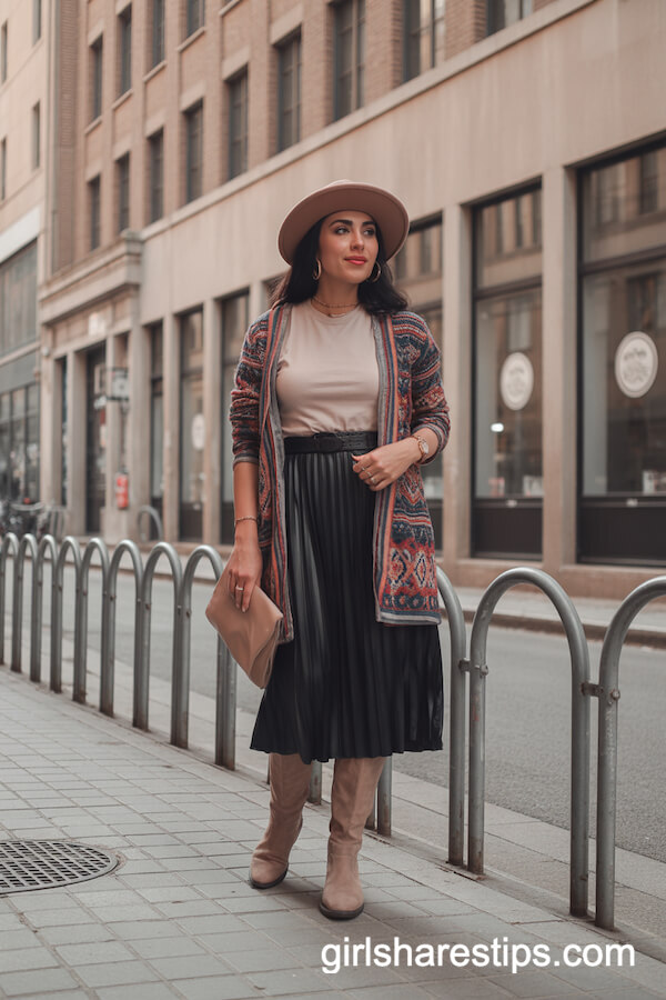 Midi Skirt with Patterned Cardigan