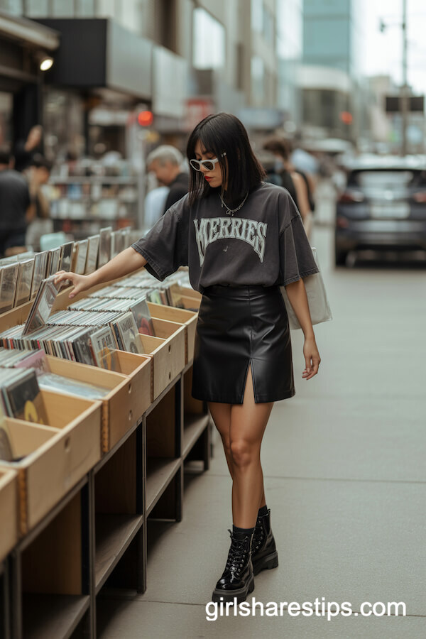 Indie Record Shop Outfit with Leather Skirt