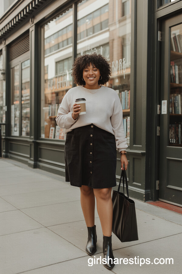 Relaxed Bookstore Look with Button-Up Skirt