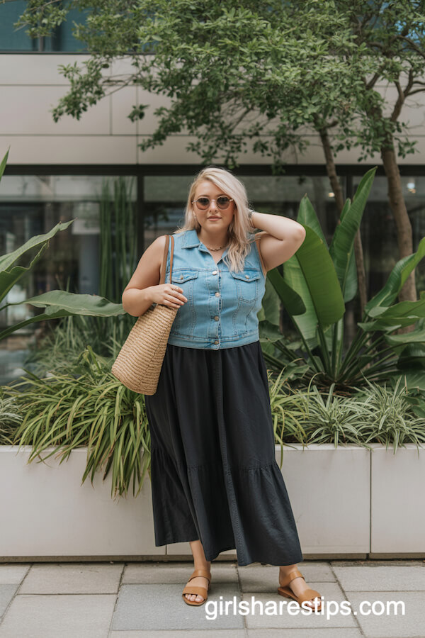 Casual Chic Denim Vest and Flowy Maxi Skirt
