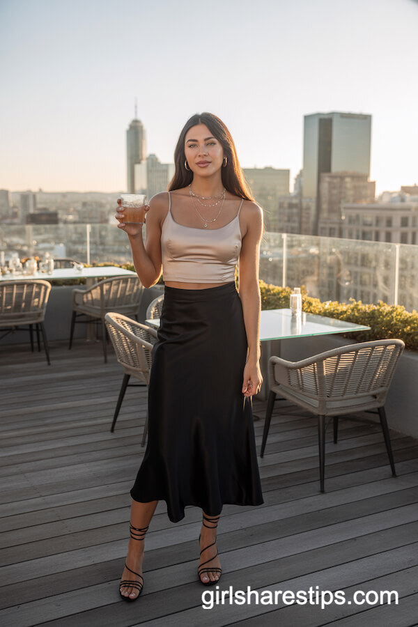 Rooftop Bar Elegance in Black Satin Midi Skirt