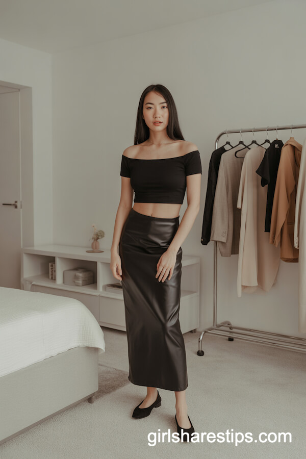 Minimalist Bedroom Outfit with Off-Shoulder Crop Top