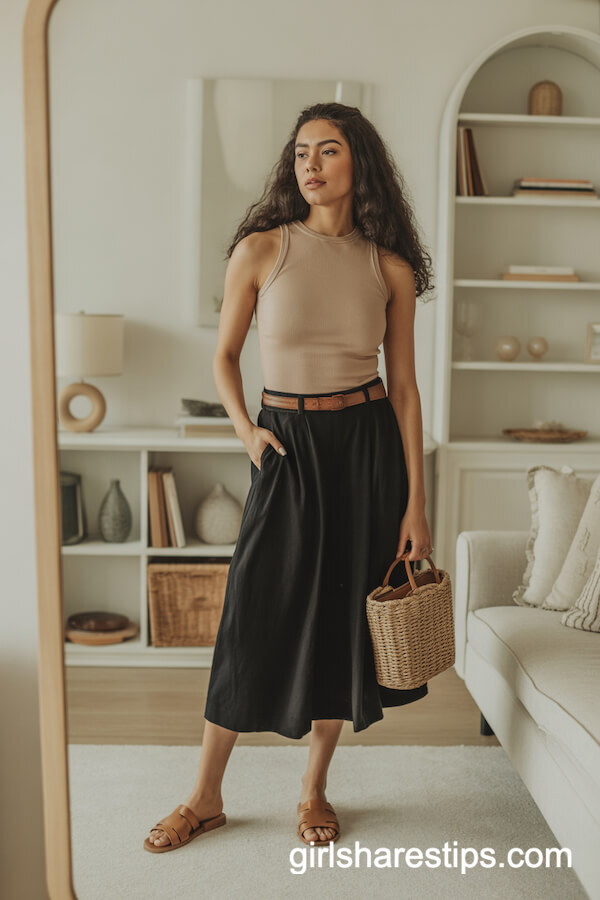 Cozy Living Room Mirror Selfie with A-Line Skirt