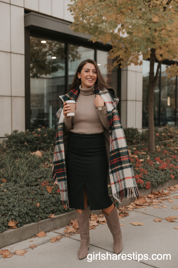 Taupe turtleneck sweater and black midi skirt with plaid blanket scarf