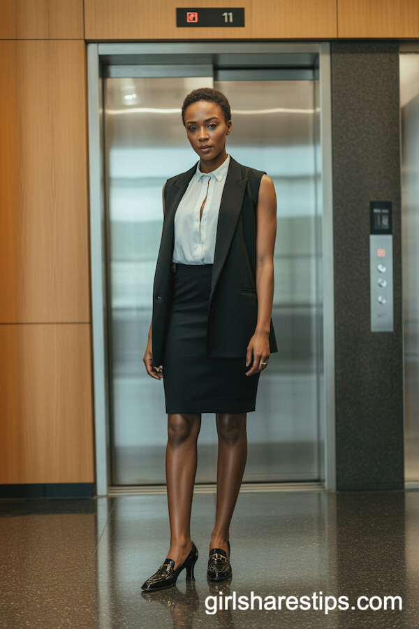 Structured black vest over sleeveless white blouse and tailored black skirt
